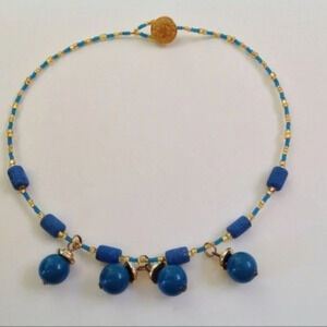 Handcrafted Blue Gold Tone Necklace Button Toggle Festival Party Boho Recycled